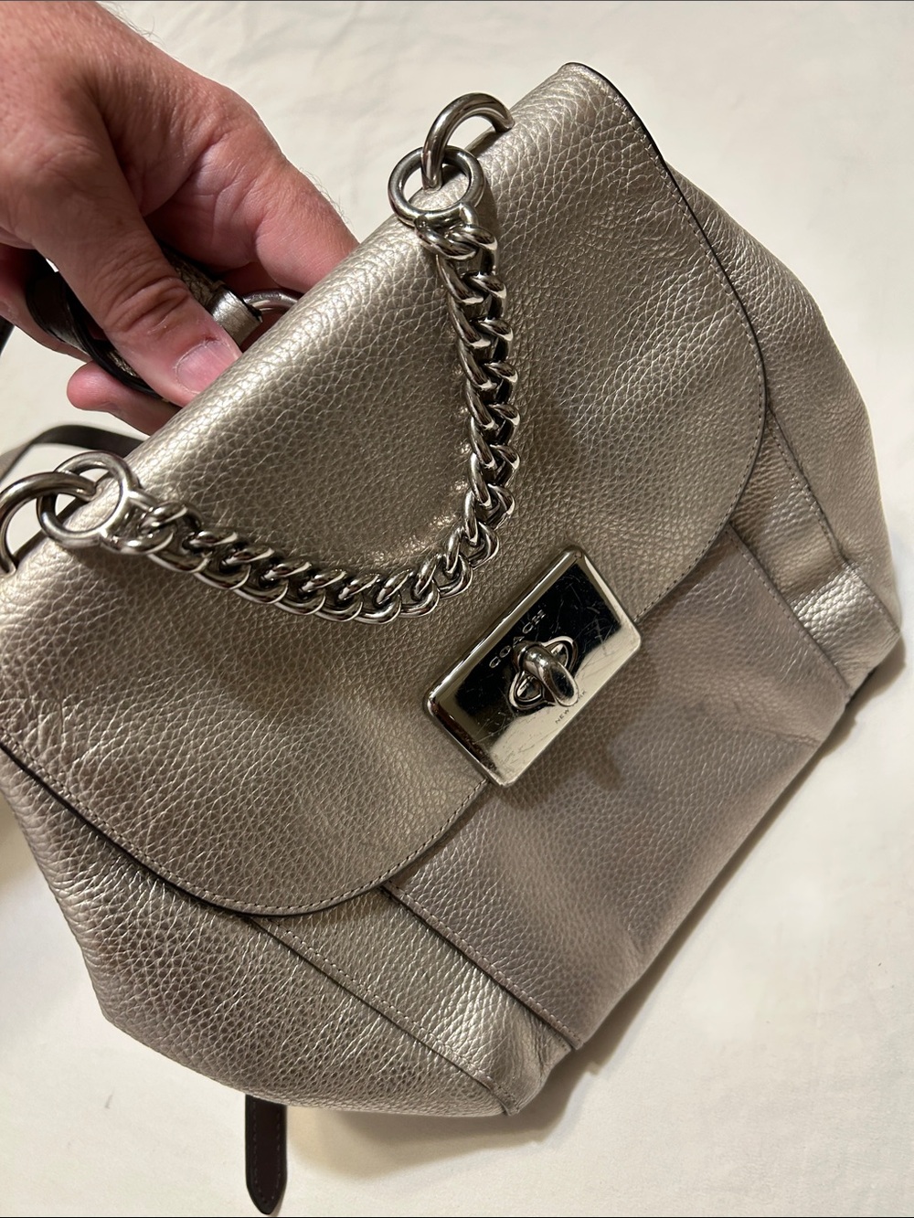 Coach Silver Metallic Leather Turnlock Chain-Handle Bag